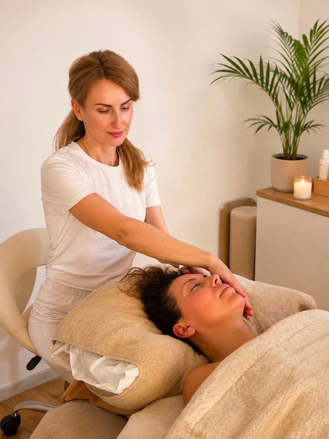 Ansikts- och huvudmassage i dagsljus